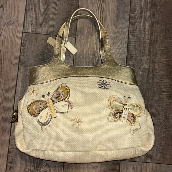 Coach Ivory Straw Embossed Embroidery Butterfly Gold Leather Trim Shoulder Bag - Picture 6 of 17
